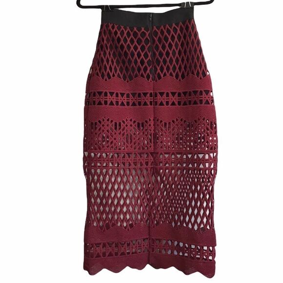 Self-Portrait Red Midi Skirt Cut Out Lace Pencil Skirt New Size 2 - Picture 3 of 12